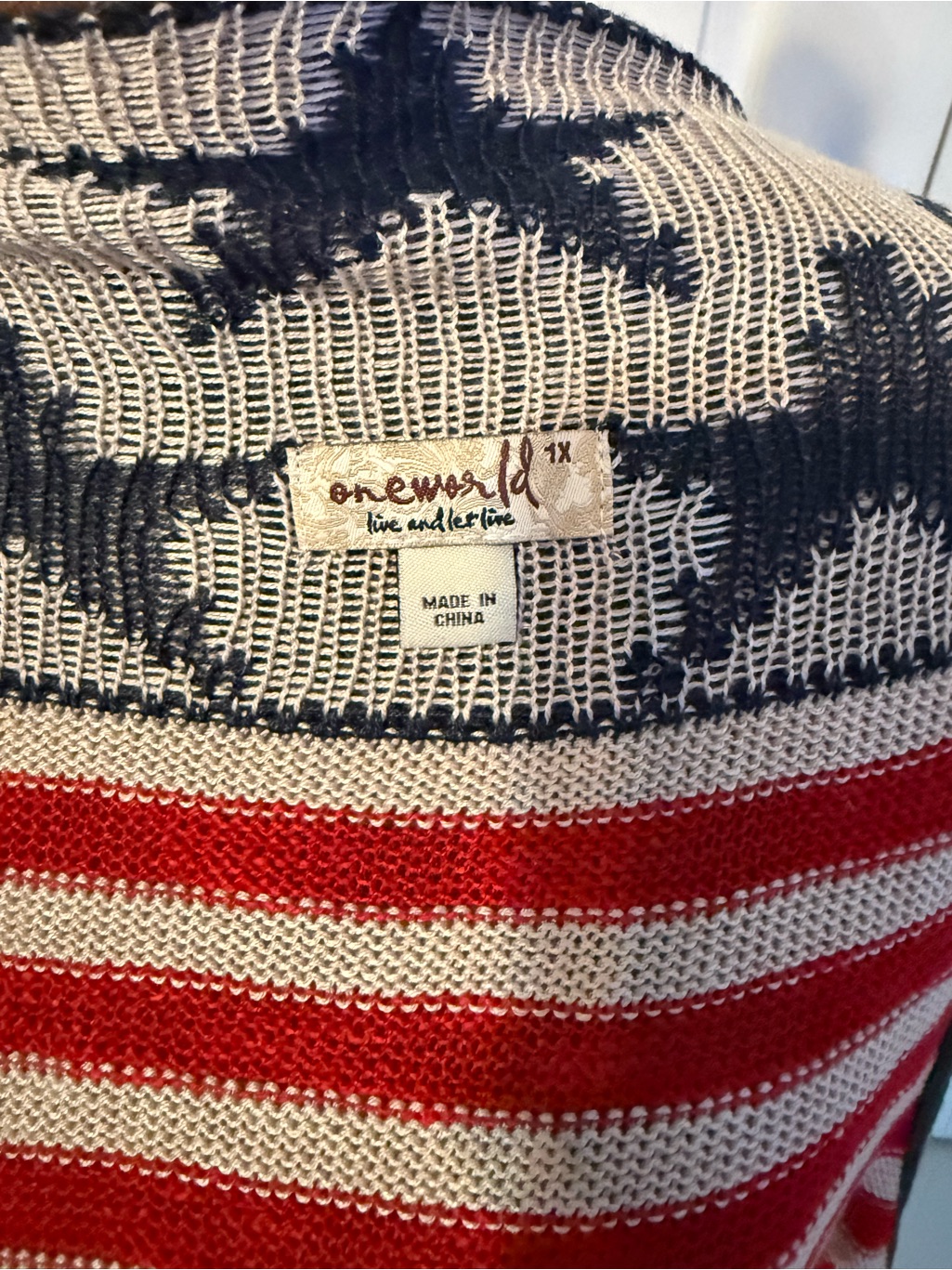 One World Red And White Striped Fringe Shawl With Navy Trim — image 7 of 7